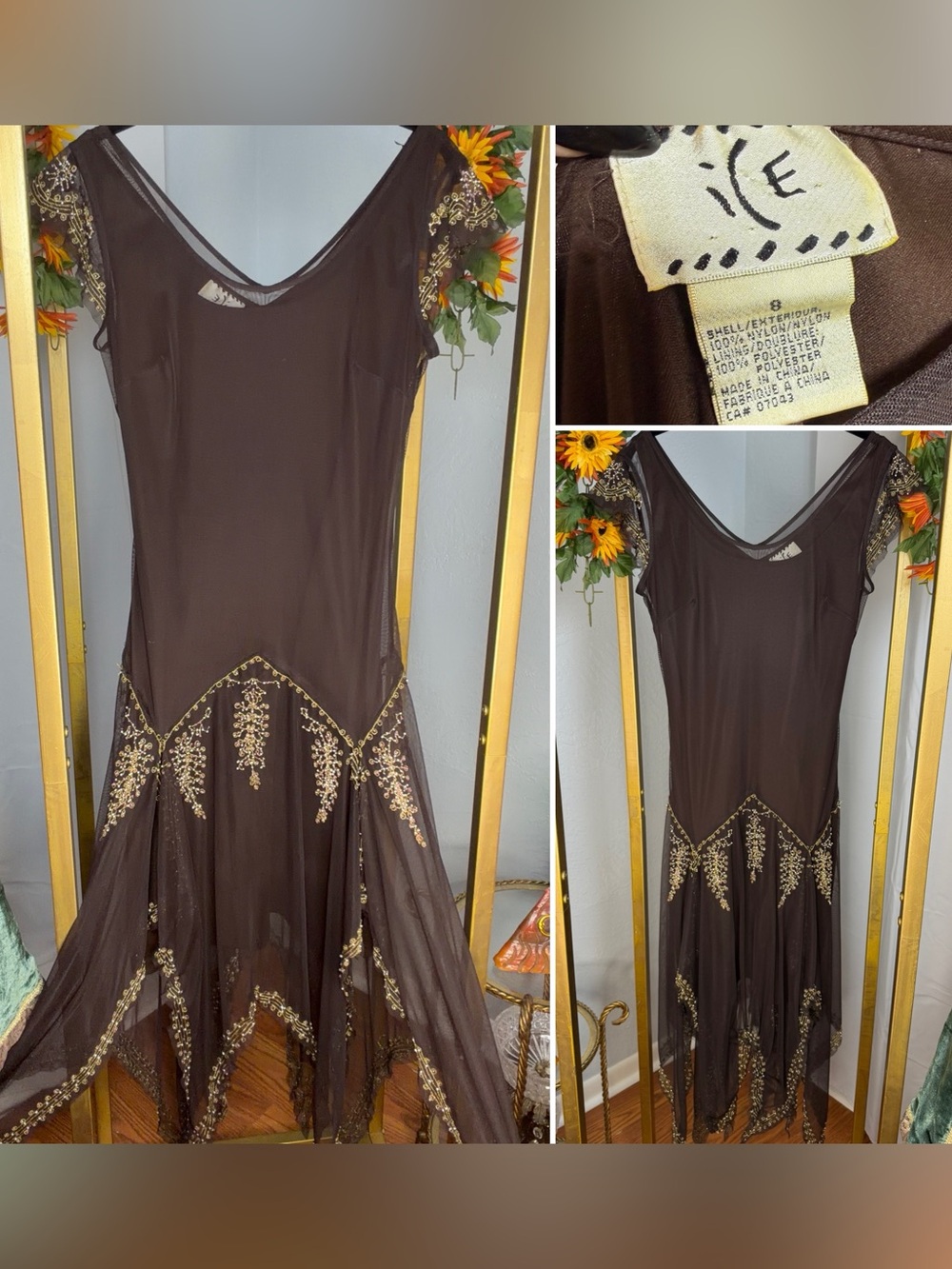 ICE Y2K Sheer Brown Earth Fairy Dress Beaded Insane Asymmetrical Hemline As Gold